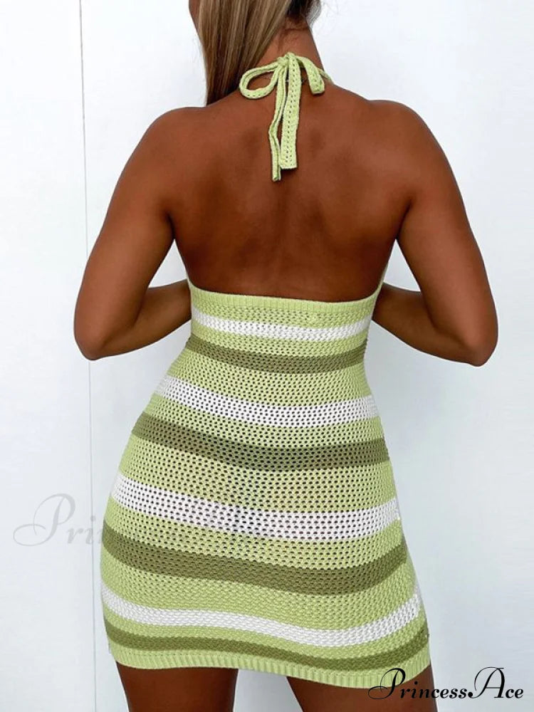 Color Block Stripe Trendy Knitted Maxi Dress Mini Dresses