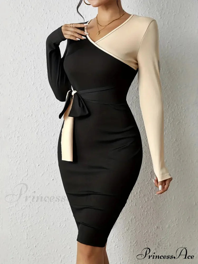 Color Block V Neck Long Sleeve Dress With Knot Detail S / Black + Apricot Casual Knotted