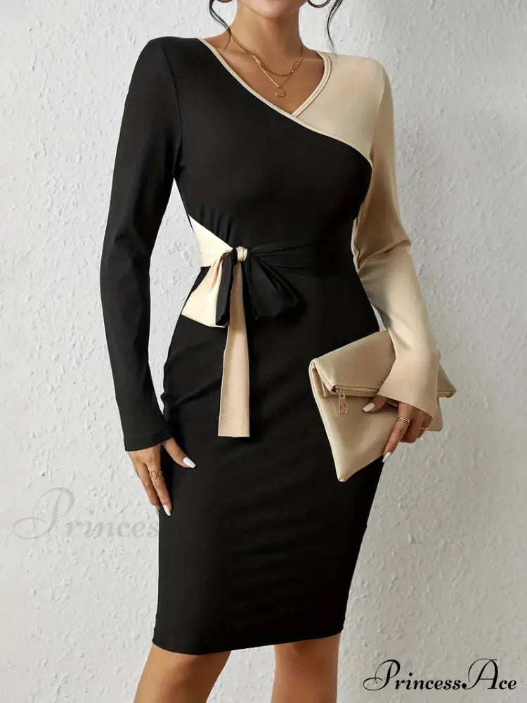 Color Block V Neck Long Sleeve Dress With Knot Detail S / Black + Gray Casual Knotted