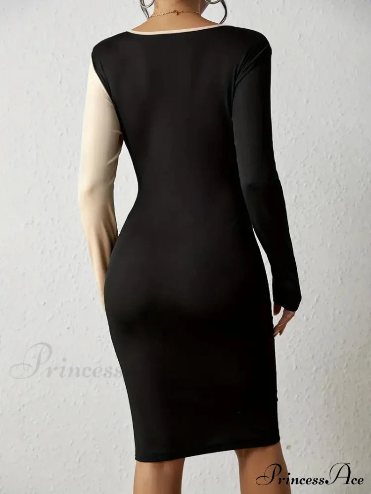 Color Block V Neck Long Sleeve Dress With Knot Detail S / Burgundy Casual Knotted