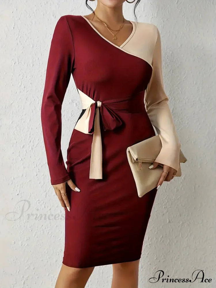 Color Block V Neck Long Sleeve Dress With Knot Detail S / Gray Casual Knotted