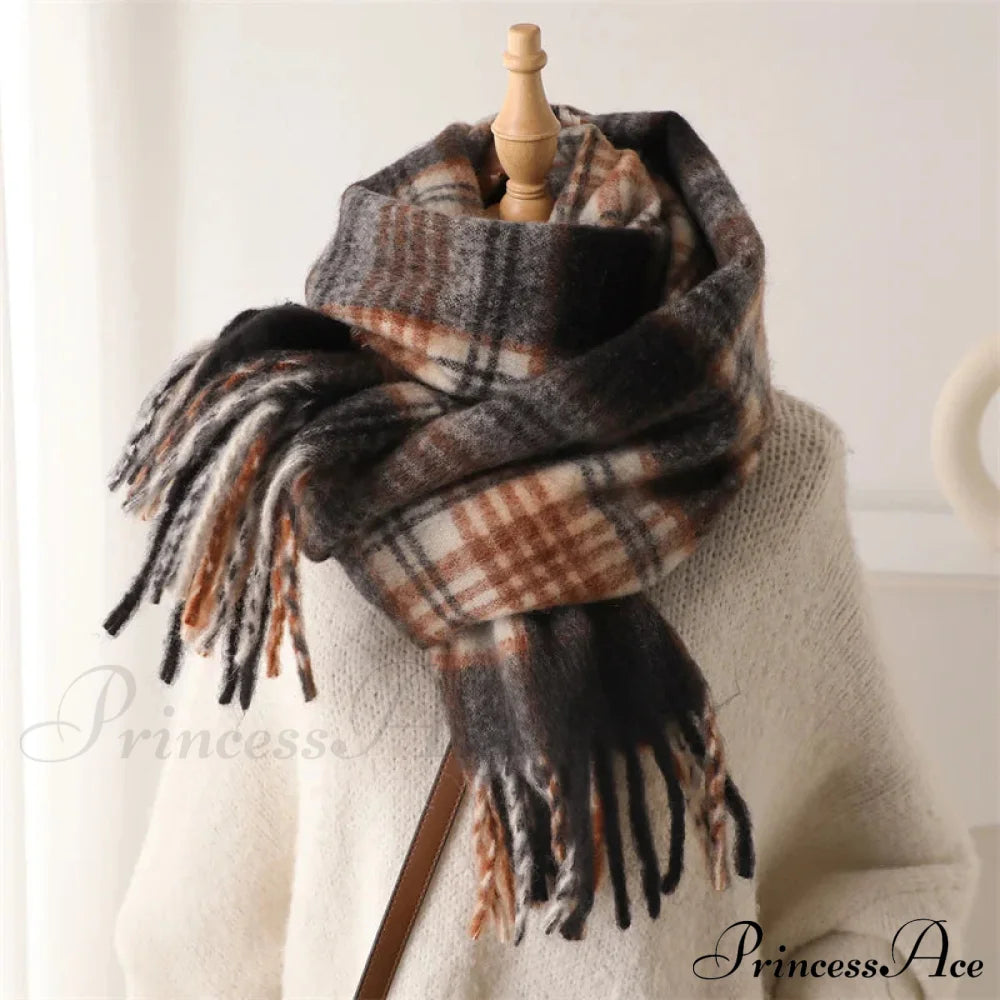 Color Blocked Grid Cashmere Pashmina Wrap Scarf Brown Scarfs-L