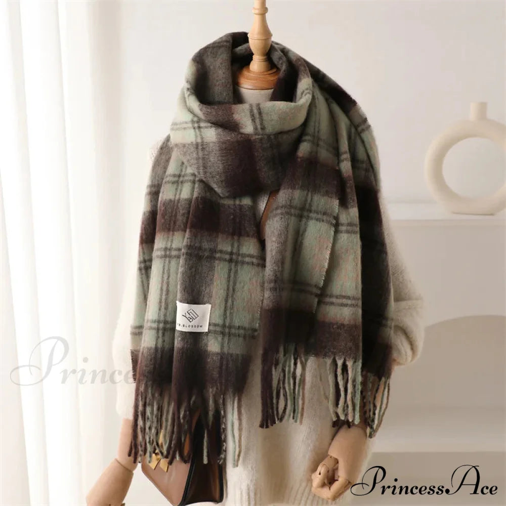 Color Blocked Grid Cashmere Pashmina Wrap Scarf Grey Green Scarfs-L