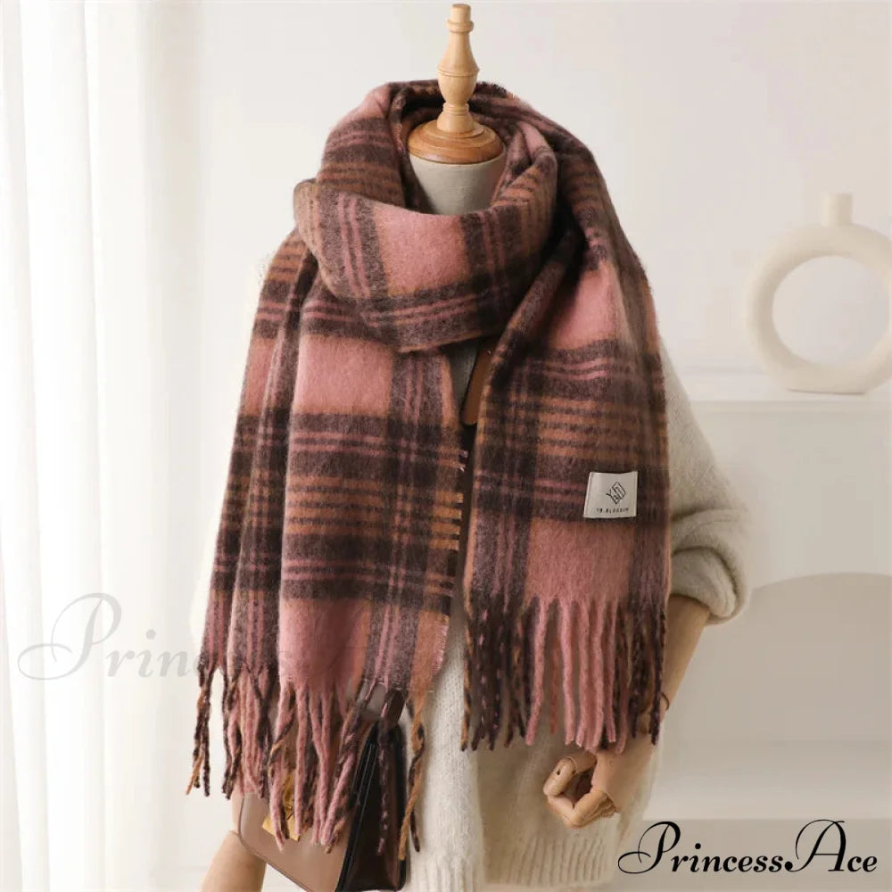 Color Blocked Grid Cashmere Pashmina Wrap Scarf Grey Pink Scarfs-L