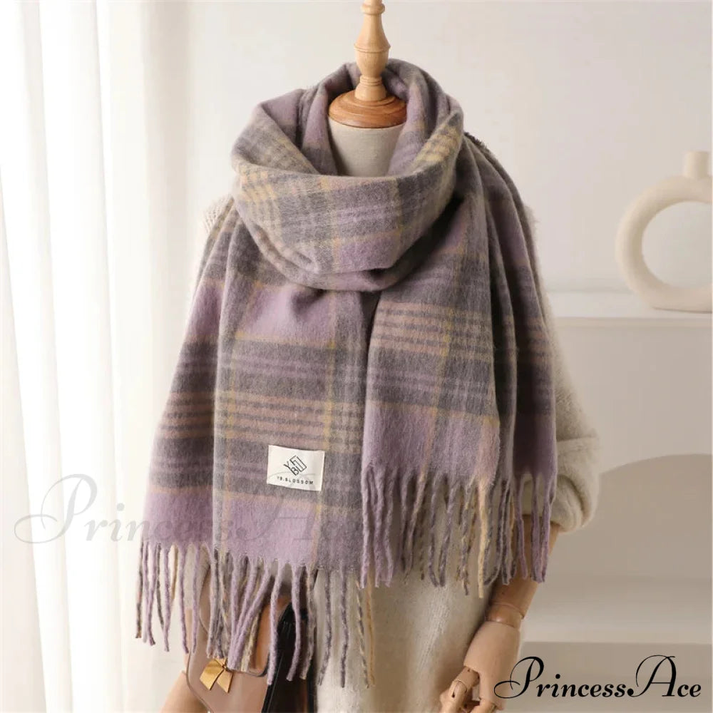 Color Blocked Grid Cashmere Pashmina Wrap Scarf Lavender Scarfs-L