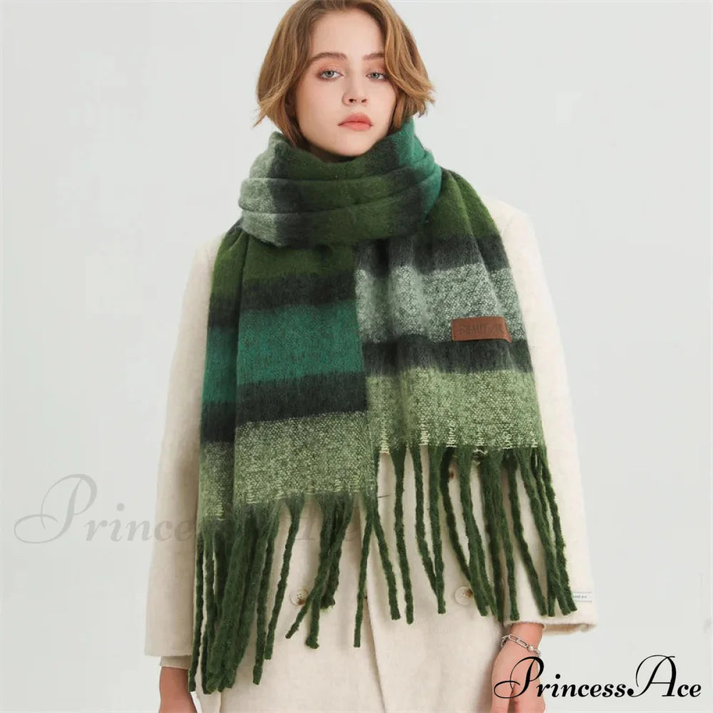 Color Blocked Stripe Cashmere Pashmina Scarf Green Scarfs-L