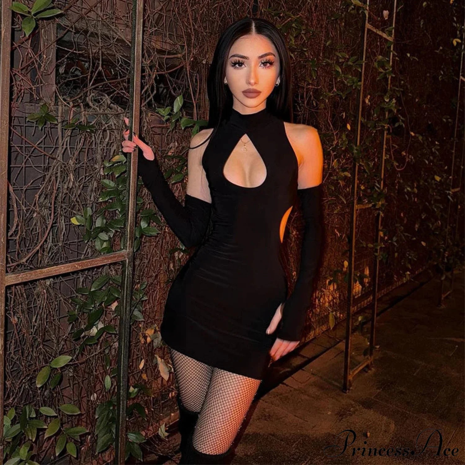 Color Front Chest Water Drop Hollowed Out Half Height Leader Suit With Finger Cuffs Tight Cut Dress