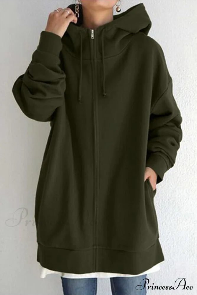 Color Hoodie Zipper Solid - Mid-Length Army Green / S Sweatshirts & Hoodies-L