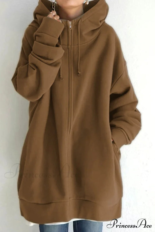 Color Hoodie Zipper Solid - Mid-Length Coffee / S Sweatshirts & Hoodies-L