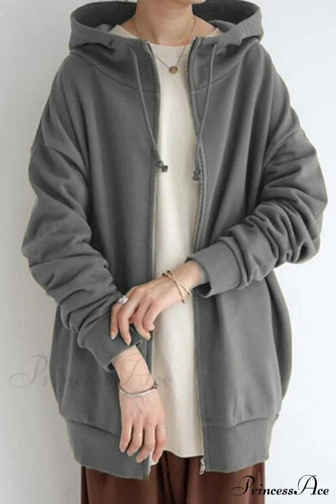 Color Hoodie Zipper Solid - Mid-Length Grey / S Sweatshirts & Hoodies-L