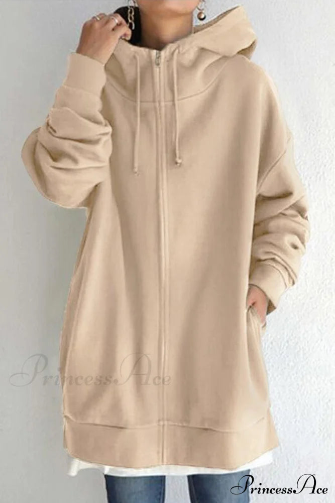 Color Hoodie Zipper Solid - Mid-Length Khaki / S Sweatshirts & Hoodies-L