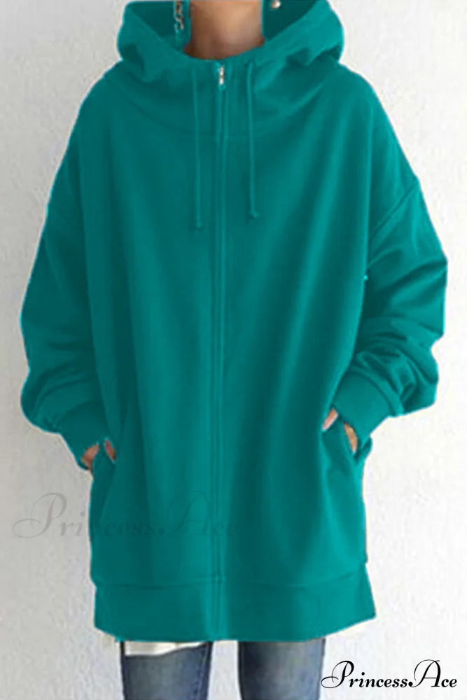 Color Hoodie Zipper Solid - Mid-Length Malachite Green / S Sweatshirts & Hoodies-L