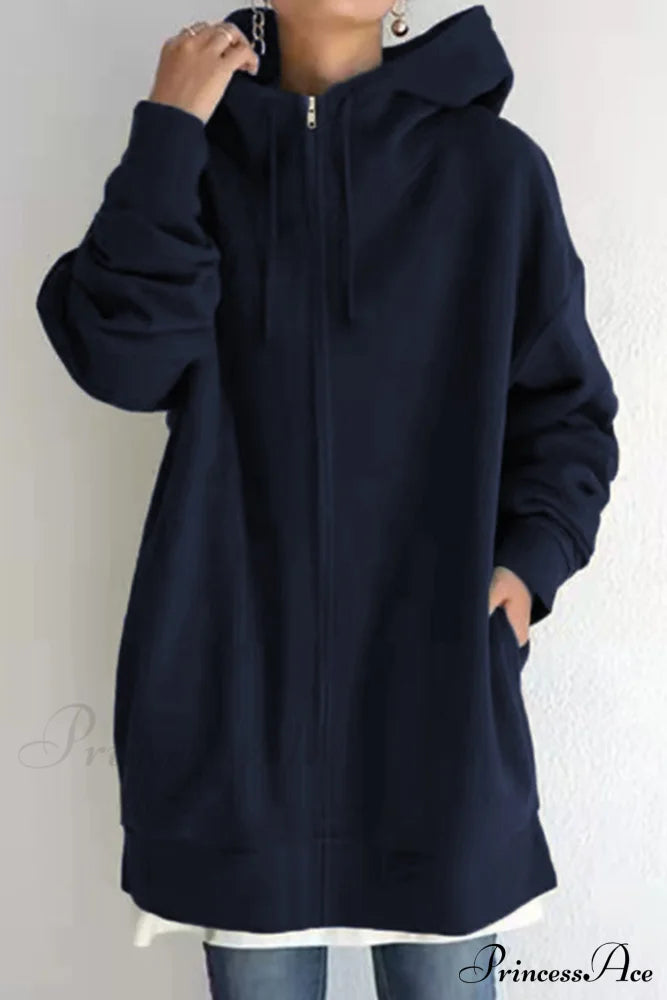 Color Hoodie Zipper Solid - Mid-Length Navy Blue / S Sweatshirts & Hoodies-L