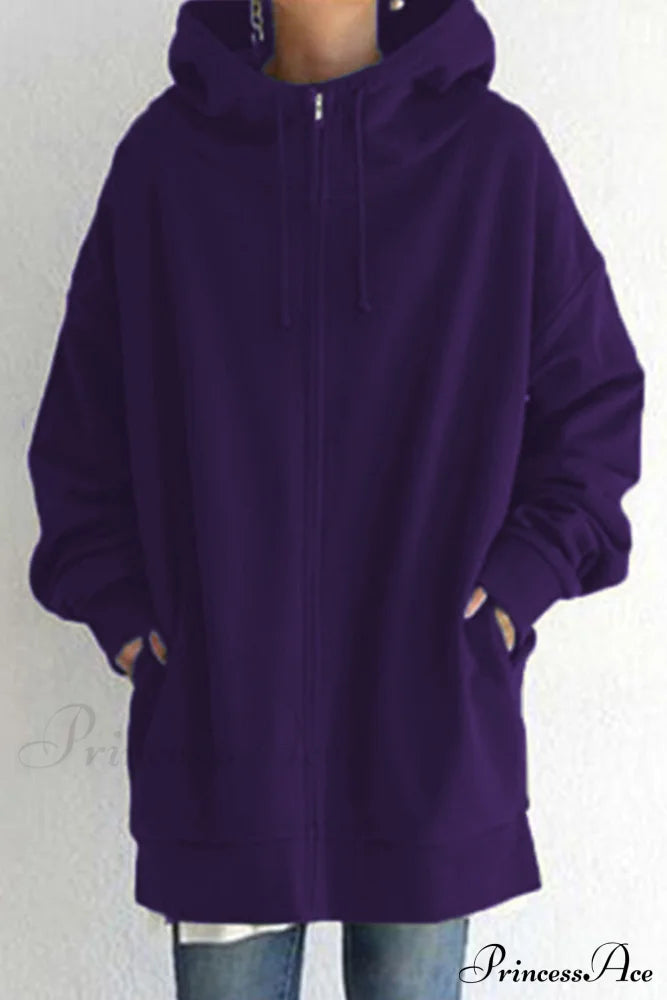 Color Hoodie Zipper Solid - Mid-Length Purple / S Sweatshirts & Hoodies-L