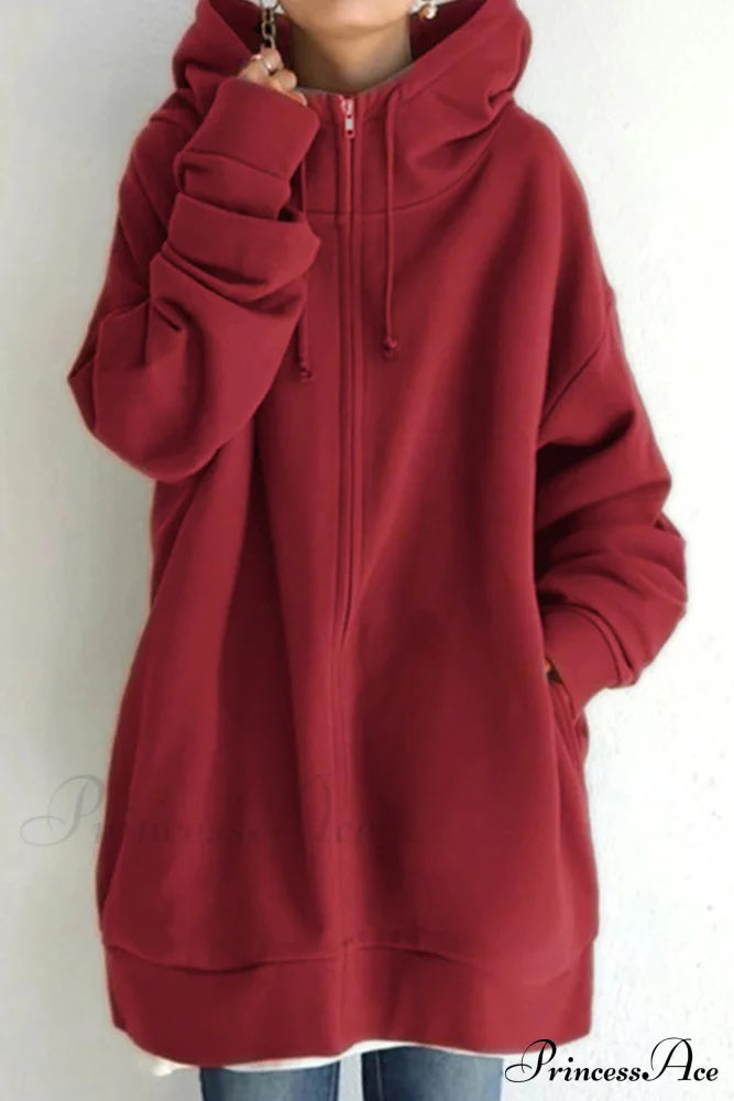 Color Hoodie Zipper Solid - Mid-Length Red / S Sweatshirts & Hoodies-L