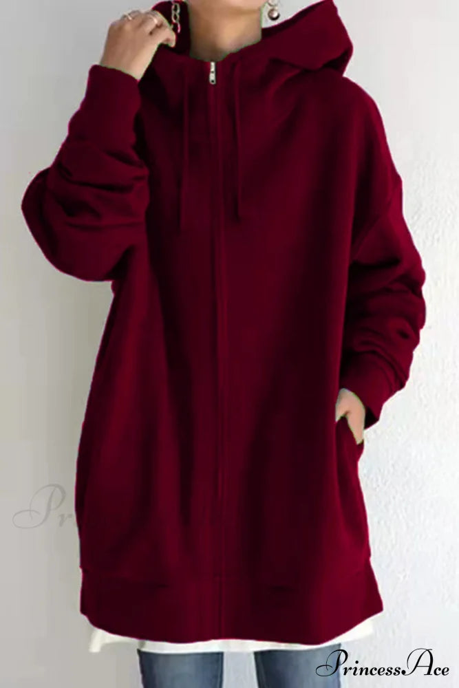 Color Hoodie Zipper Solid - Mid-Length Wine Red / S Sweatshirts & Hoodies-L