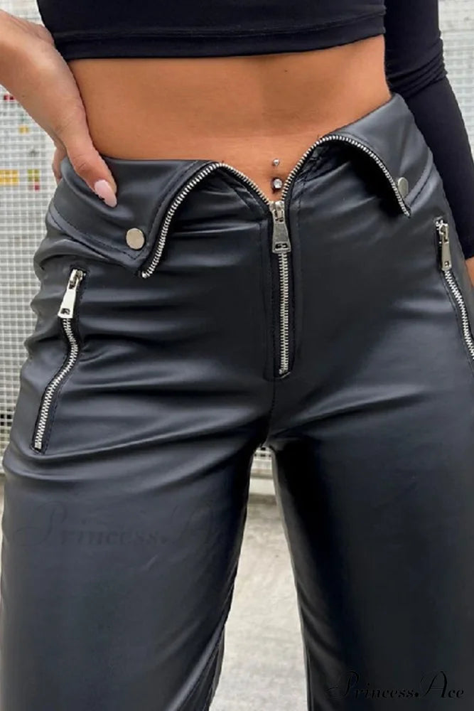 Color Leather Zipper With Solid Straight Pants Front