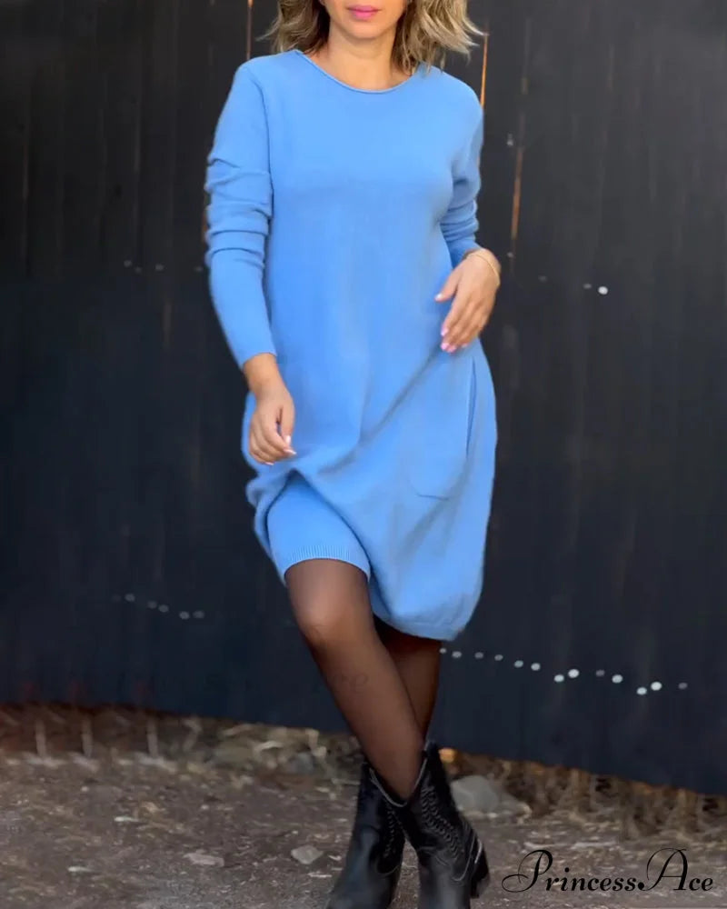 Simple solid color dress Blue 2023 F/W 23BF Casual Dresses clothes discount Spring Sweaters Sweaters & Cardigans Tops/Blouses