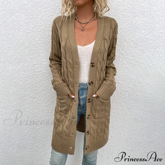 Casual Solid Color Knitted Cardigan Khaki best Best Sellings cardigan cardigans clothes Sale tops Topseller