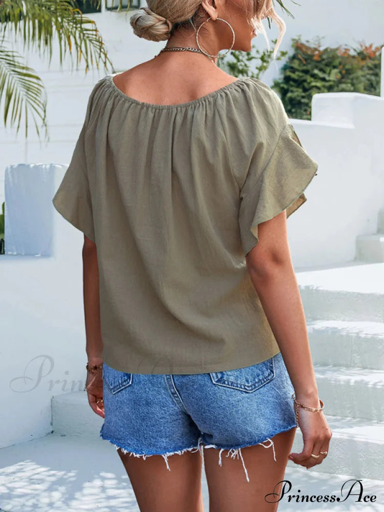 Color Waist Solid The Shoulder Tie Blouse Off For Women