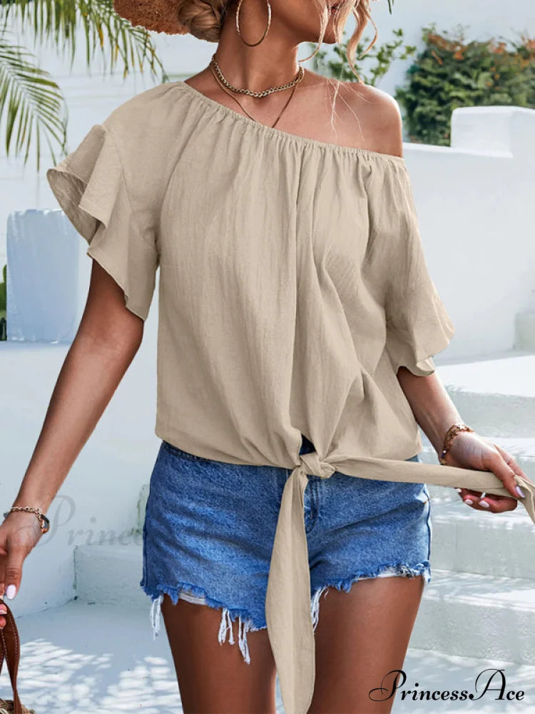 Women's Solid Color Tie Waist Off The Should Blouse Cracker khaki clothes shirt shirts short sleeve short sleeve shirt top tops Tops/Blouses