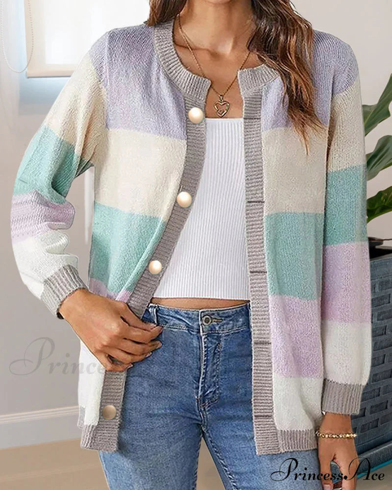 Colorblock For Cardigan Women Sweaters-L