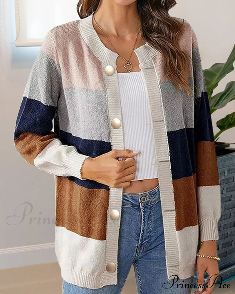 Colorblock For Cardigan Women Sweaters-L