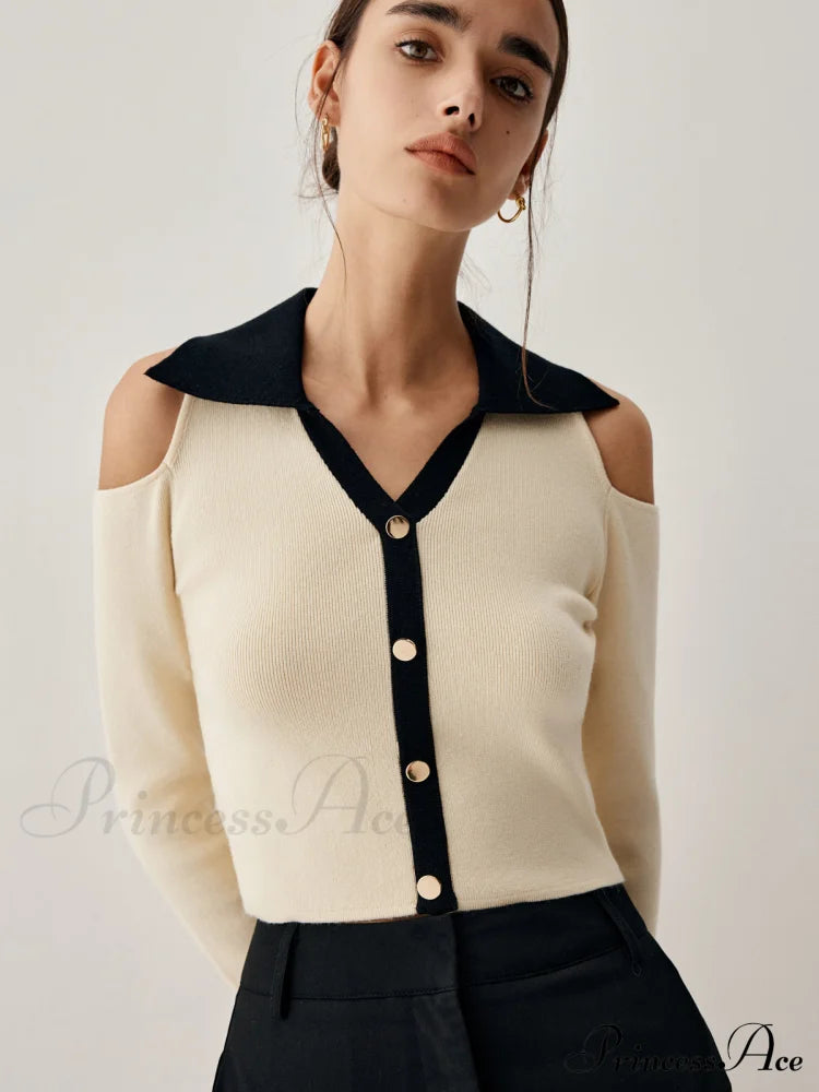 Colorblock Open Collar Cutout Modern Crop Long Sleeve Top Sweaters-L