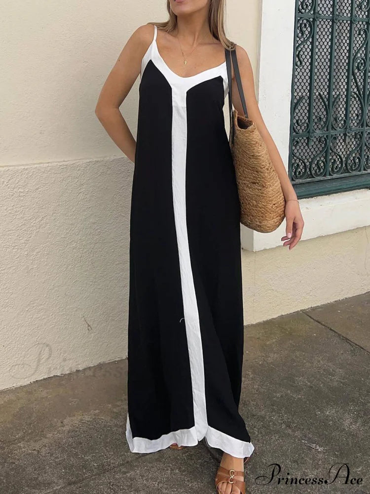 Colorblock Suspender Stylish Midi Dress Black / S Dresses