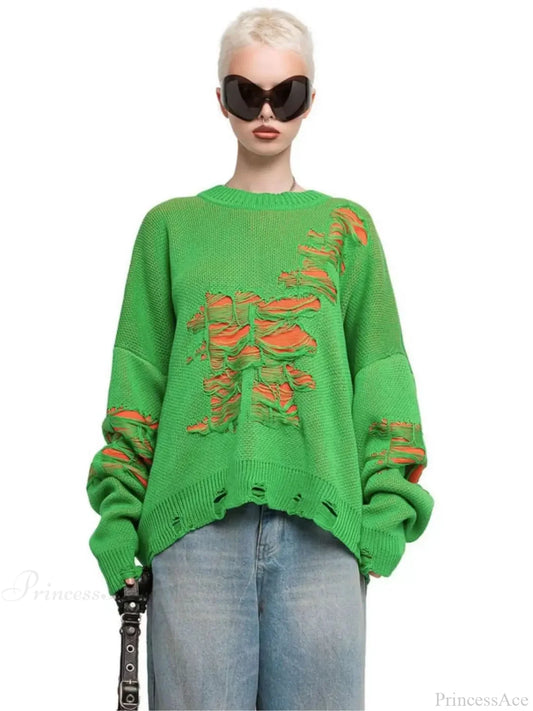 Colorblocking Torn Knit Pullover Sweater Green / S