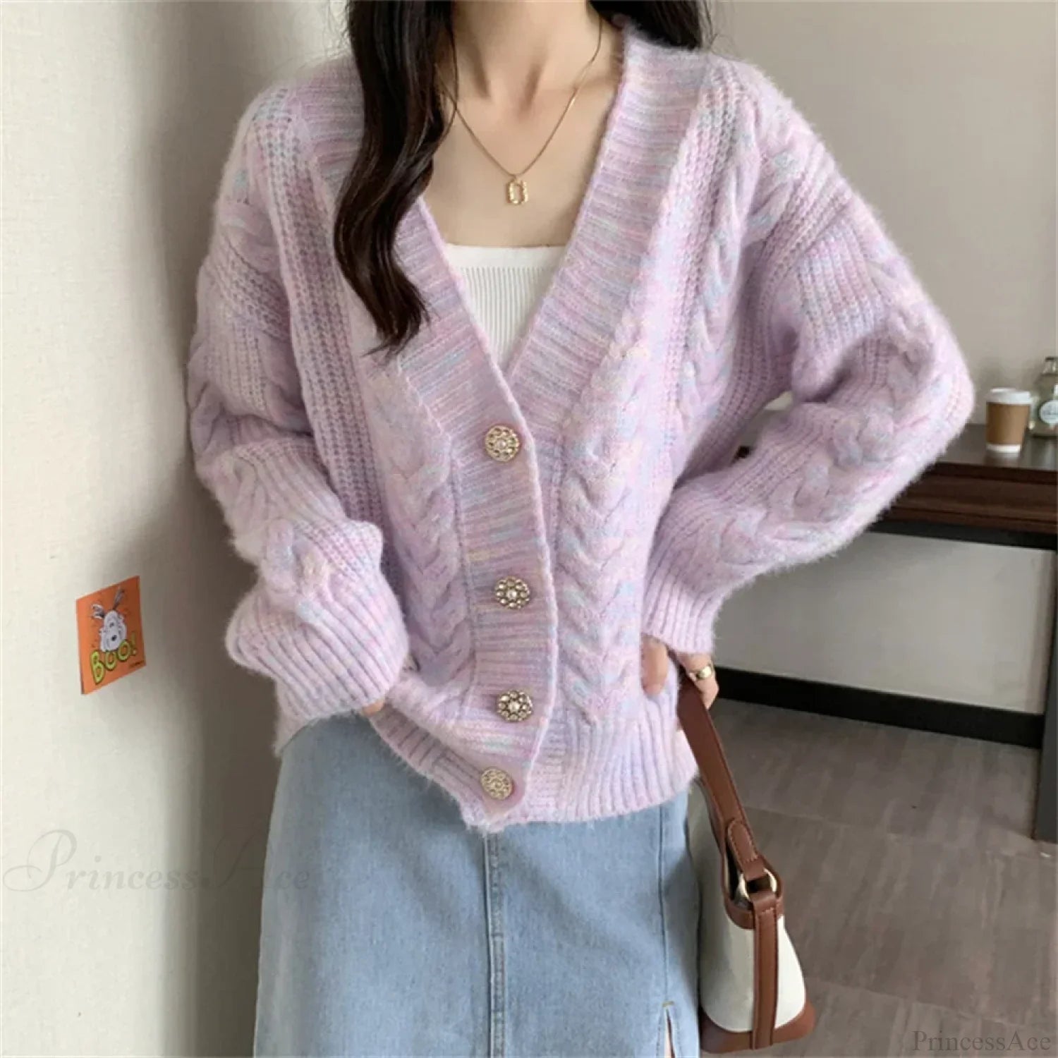 Colorful Button Patchwork Loose Knit Cardigan Violet / S cardiagn-250126
