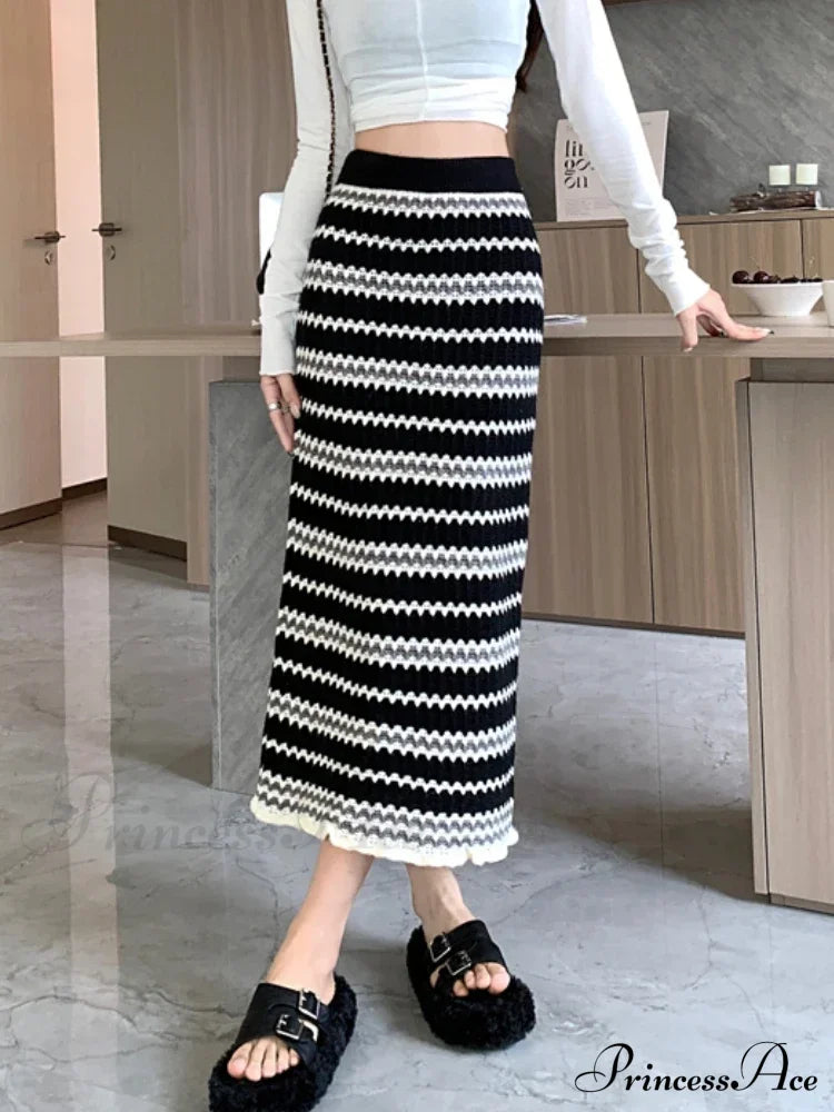 Colorful Elegant A-Line Slim Fashion Black Chic Autumn Winter Midi Skirt