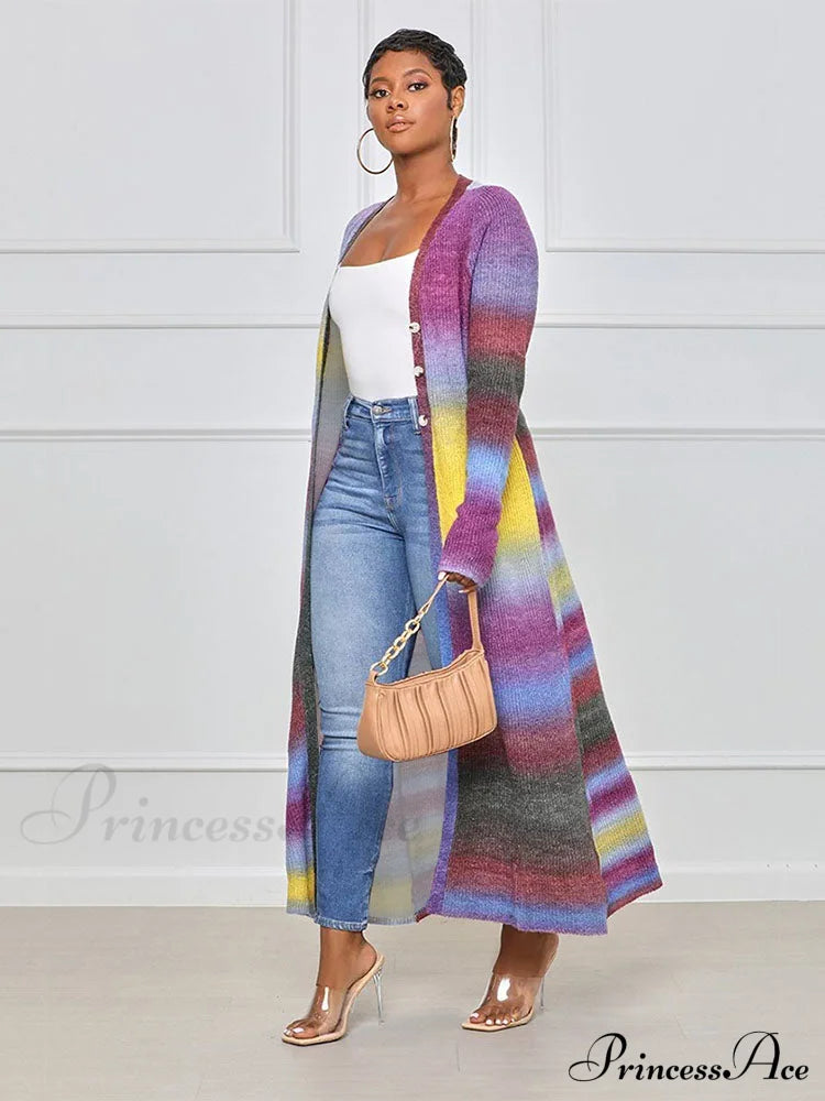 Colorful Panel Cut Out Modern Knit Midi Dress - Stripe Cardigan