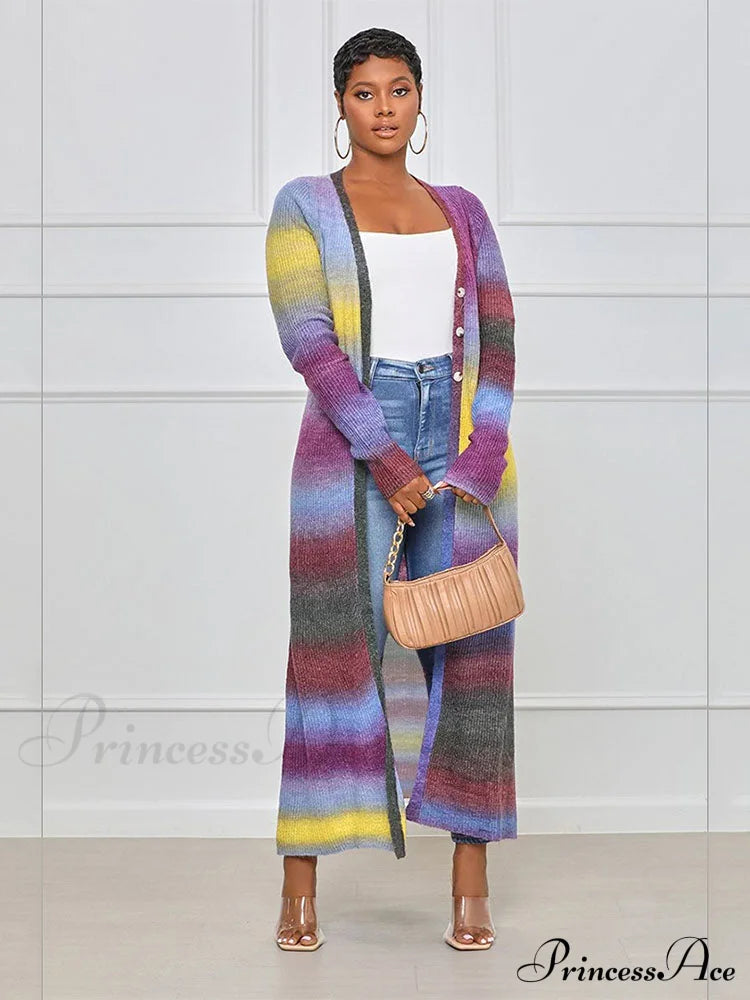 Colorful Panel Cut Out Modern Knit Midi Dress - Stripe Cardigan