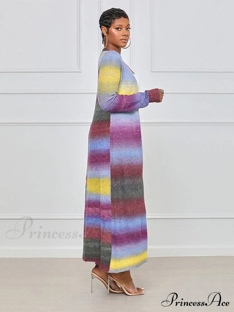 Colorful Panel Cut Out Modern Knit Midi Dress - Stripe Cardigan