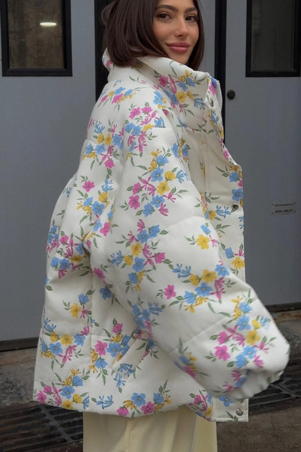 Colorful Print Stand Collar Zipper Cotton Blend Coat