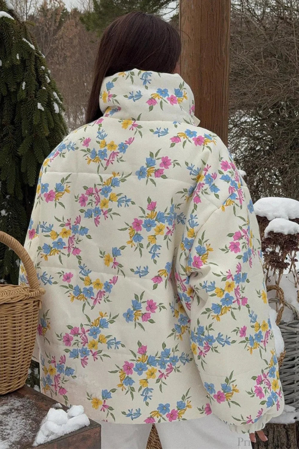 Colorful Print Stand Collar Zipper Cotton Blend Coat