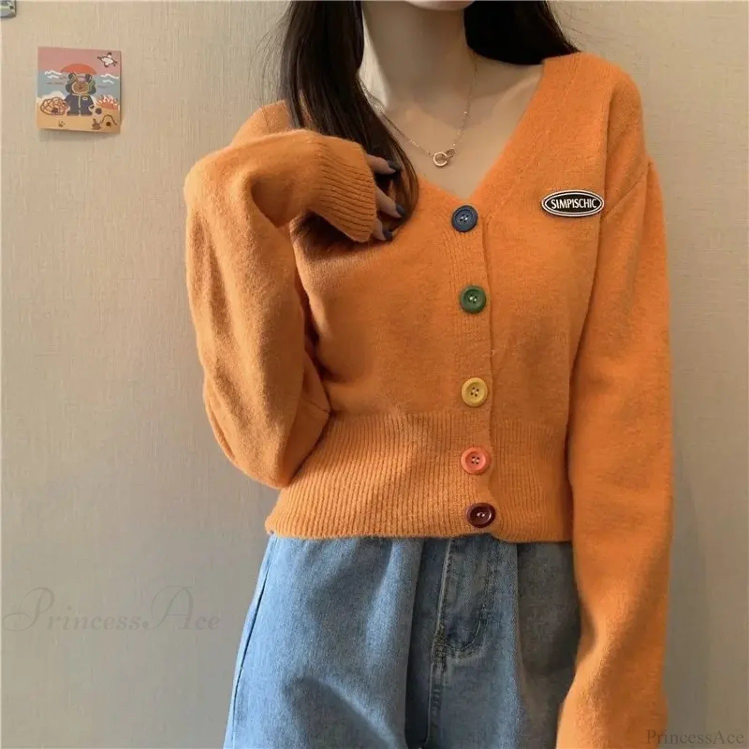 Colorful V-Neck Loose Long Sleeve Casual Knit Cardigan Orange / S cardiagn-250126