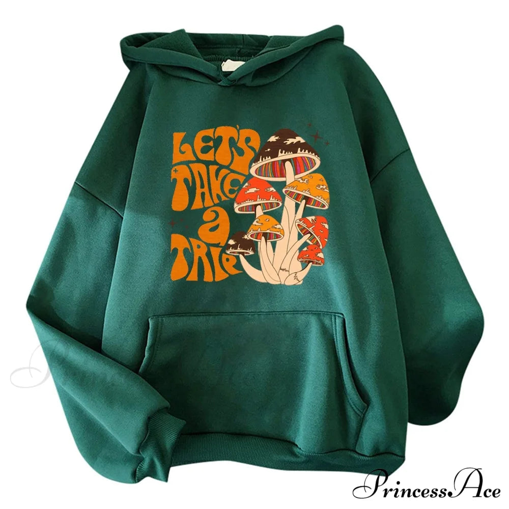 Colorfulful Mushroom Print Hoody Pullover Green / S