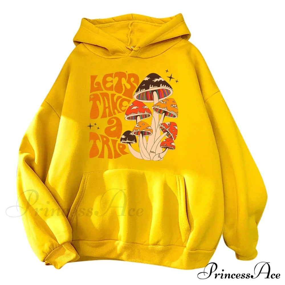 Colorfulful Mushroom Print Hoody Pullover Yellow / S