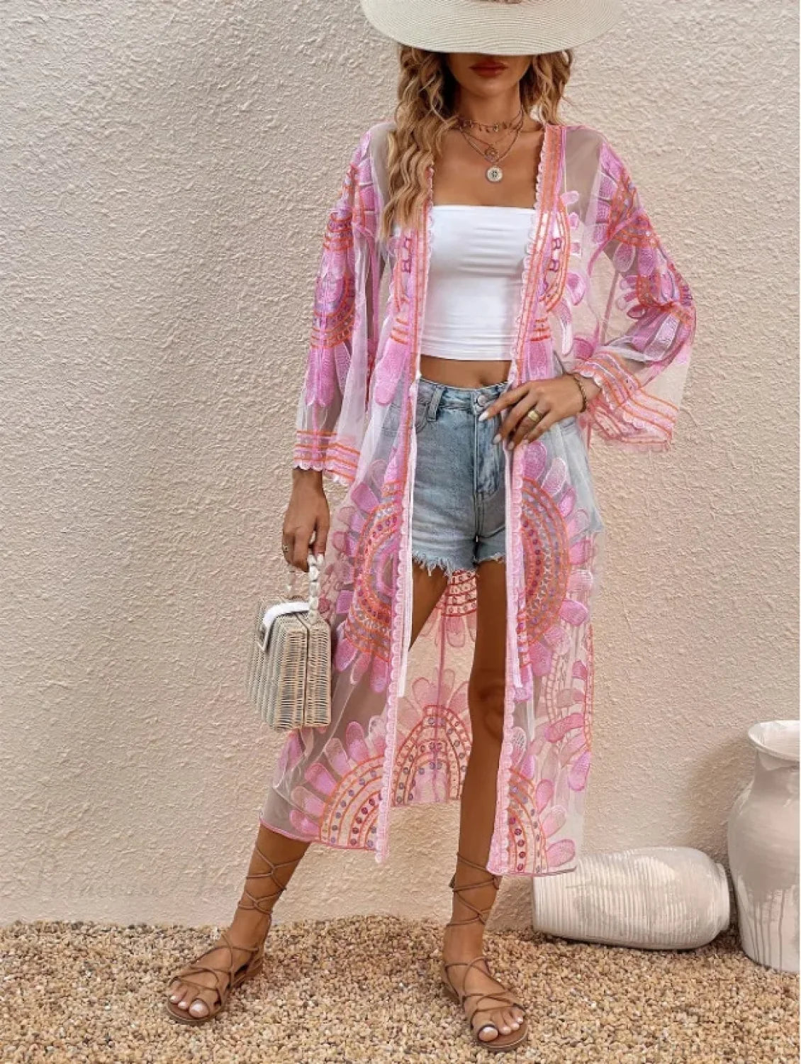 Colourful Floral Embroidery Boho Beach Cover-up Lace Bikini Pink / One Size bohocoverup-250126