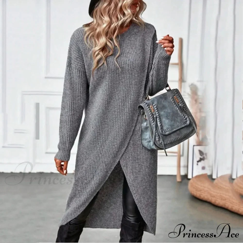 Commute Long Knit Coat Fashion Solid Midi Knitwear Warm Lady Vintage Harajuku Pullover Loose Slit