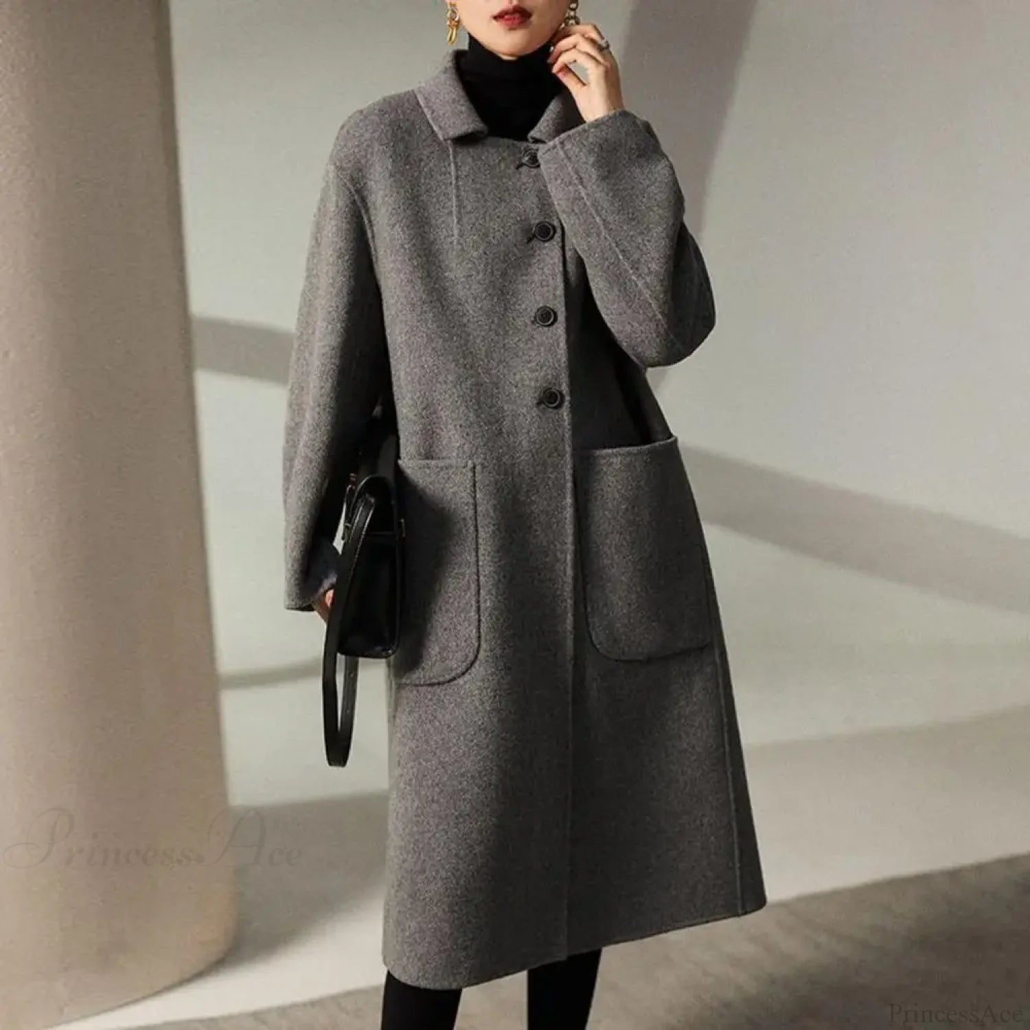 Commute Style Woolen Lapel Overcoat Grey / M