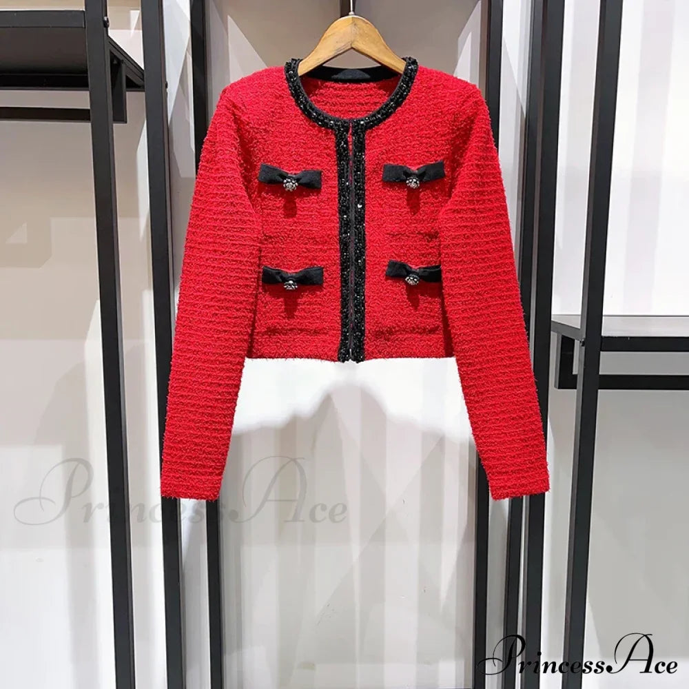 Contrast Bow Sequins Slim Knit Set Cardigan Red Top / S Cardigan-241208