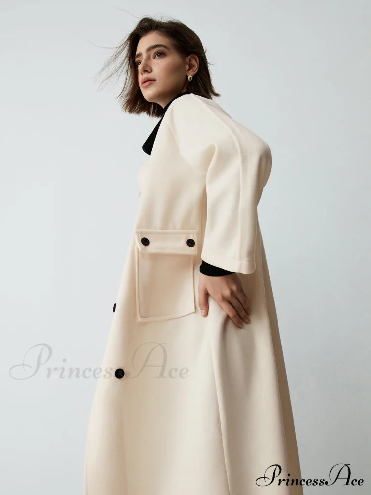 Contrast Collar Graceful Long Trench Coat Coats-L