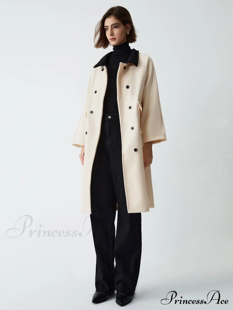 Contrast Collar Graceful Long Trench Coat Off-White / S Coats-L