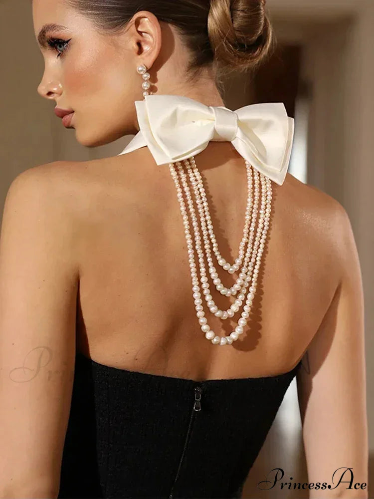 Contrast Collar Pearl Charming Bow Black Mini Dress