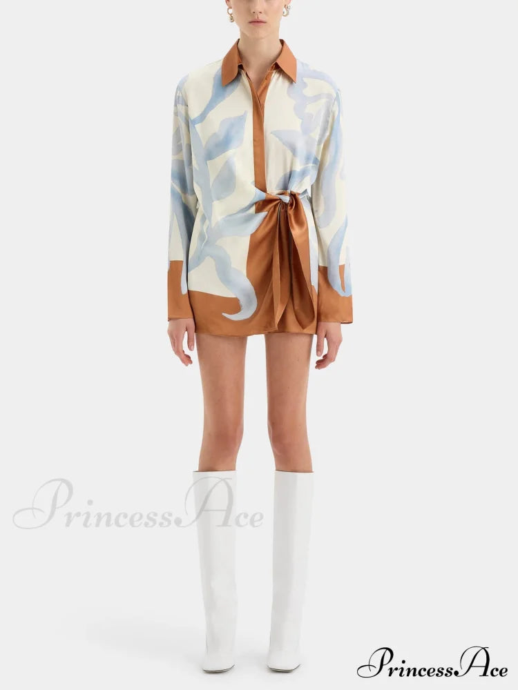 Contrast Color Tie-Dye Irregular Graceful Knotted Shirt Short Dress Dresses