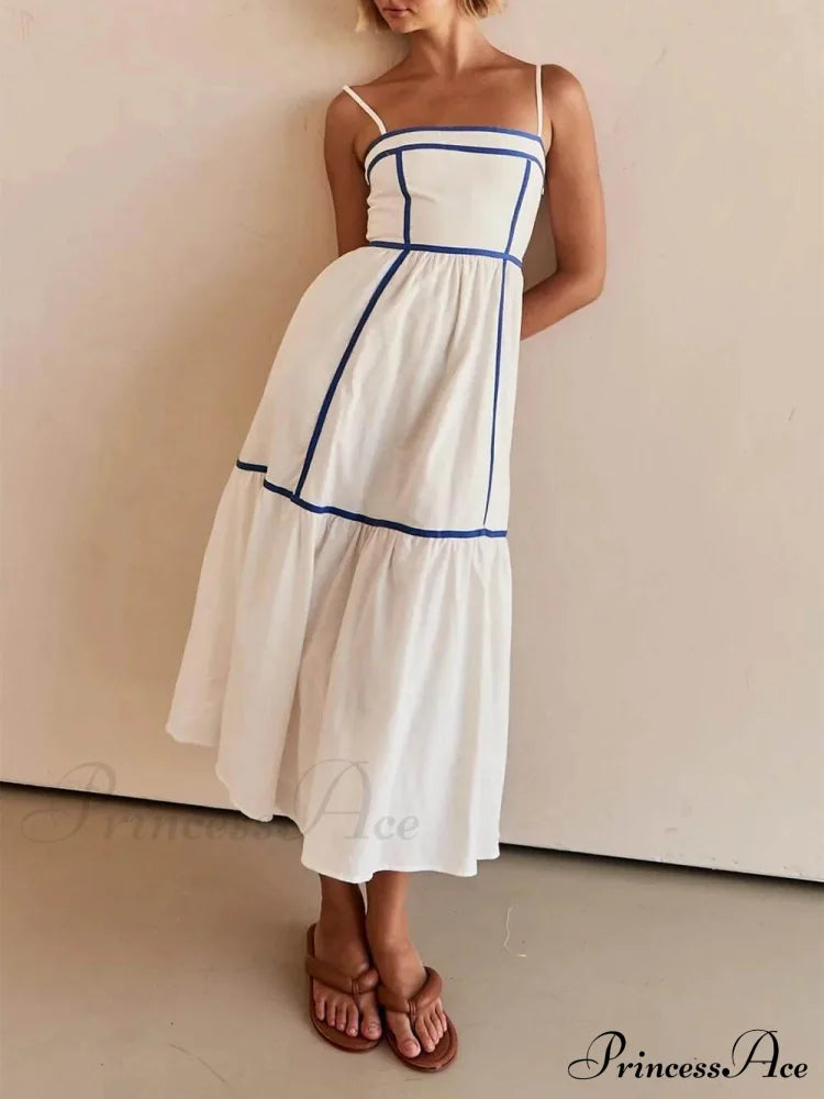 Contrast Color Trim Charming Adjustable Straps Midi Dress Blue / S Dresses