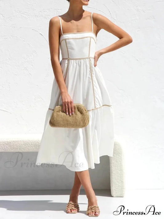 Contrast Color Trim Charming Adjustable Straps Midi Dress White / S Dresses